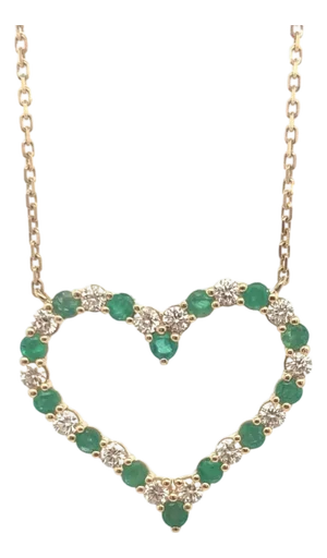 14k Yellow Gold Heart Necklace With Emeralds and Diamonds