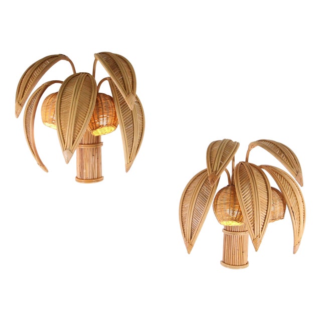 Palm Rattan Wall Sconces, Set of 2 For Sale