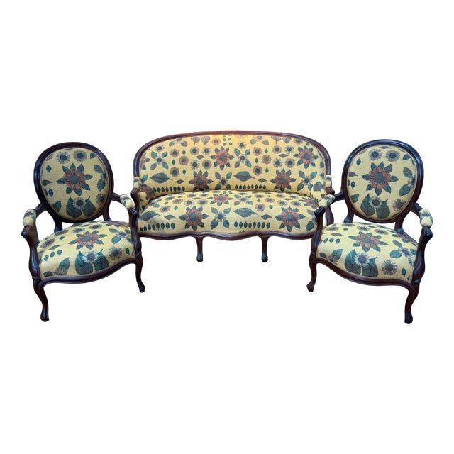 Louis-Philippe Living Room Sofa and Armchairs in Rosewood and Floral Fabric, Set of 3 For Sale
