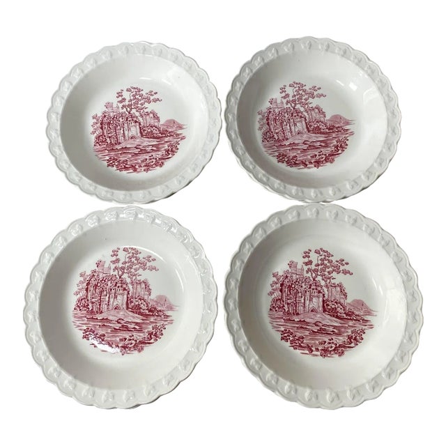 1970s Taylor, Smith Pink Castle Rim Soup Bowl - Set of 4, Dark Pink English Scenes, Garland Shape For Sale