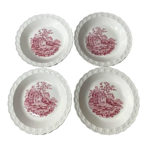 1970s Taylor, Smith Pink Castle Rim Soup Bowl - Set of 4, Dark Pink English Scenes, Garland Shape