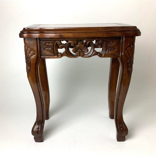 Small Chinese Carved Wood Side Table With Inlaid Pink Marble Top For Sale - Image 4 of 8