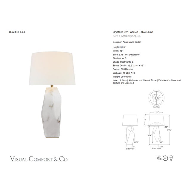 Anne-Marie Barton by Visual Comfort Signature Crystallo 32" Faceted Table Lamp in Alabaster with Linen Shade Designer:...