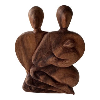 Mid 20th Century Hand Carved Wood Sculpture - Family Unit For Sale