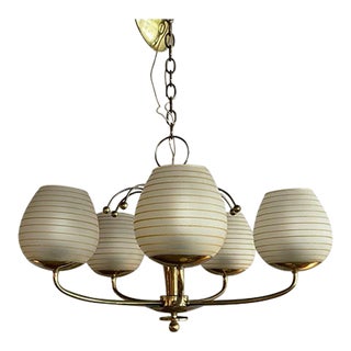 Mid-Century Five Arm Brass and Glass Chandelier For Sale