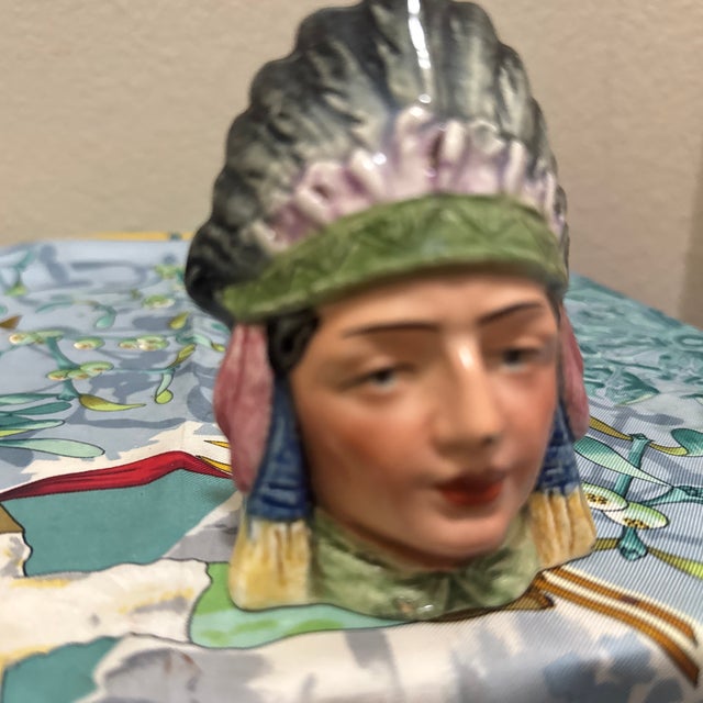 Native American Antique Figural Majolica Native American Chief Tobacco Humidor Jar, Circa 1910 For Sale - Image 3 of 11
