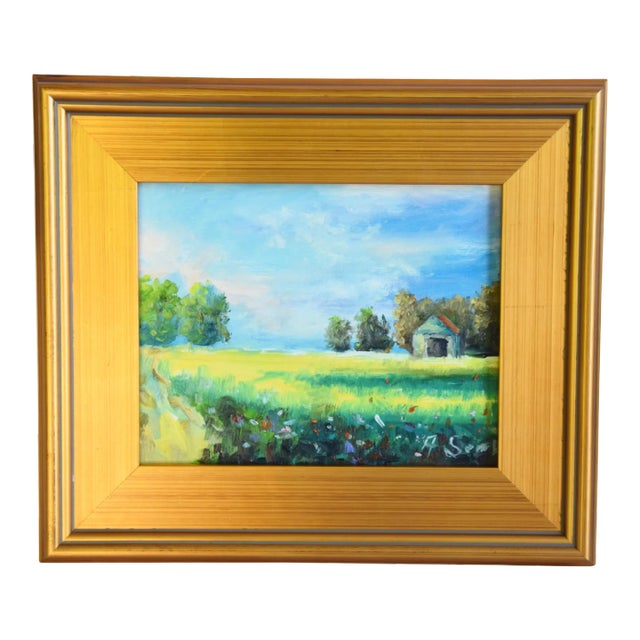 Colorful Meadow Landscape Oil Painting Including the Antiqued Gold Frame For Sale