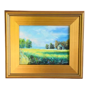 Colorful Meadow Landscape Oil Painting Including the Antiqued Gold Frame