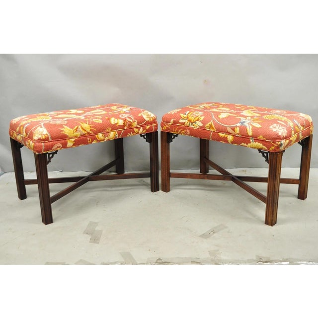 Vintage Chinese Chippendale Style Carved Mahogany Fretwork Bench Stool - Pair For Sale - Image 11 of 12