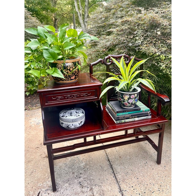 Brown Vintage Asian Chinoiserie Hand Carved Telephone Gossip Rosewood Table Bench For Sale - Image 8 of 8