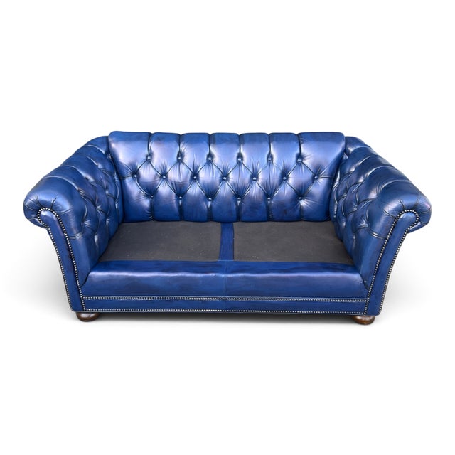 Vintage Chesterfield Navy Blue Tufted Leather Loveseat W/ Brass Trim For Sale - Image 11 of 16
