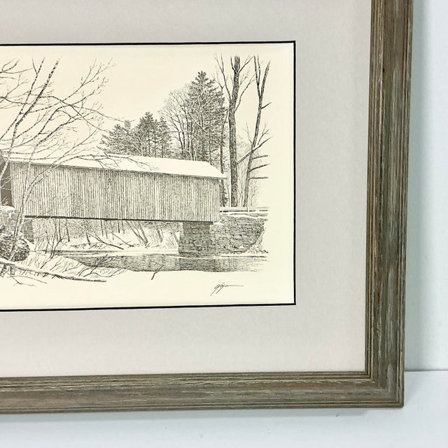 Mid-Century Americana Rustic Lithograph From Pencil Drawing, Covered Bridge Framed. For Sale - Image 4 of 13