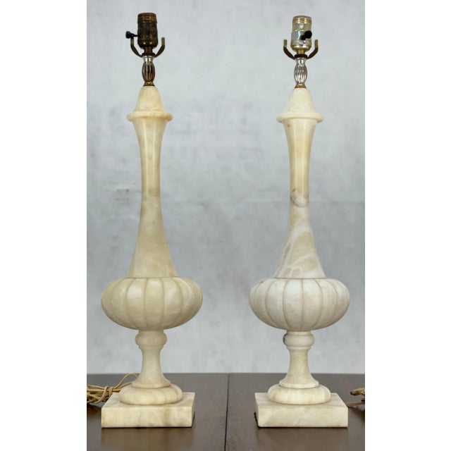 Pair of Fine Elegant Alabaster Marble Onion Shape Bases Table Lamps Clean! For Sale - Image 11 of 13