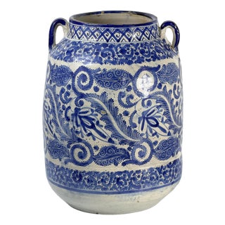 19th Century Moroccan Hand Painted Blue and White Ceramic Vase, 1890s For Sale