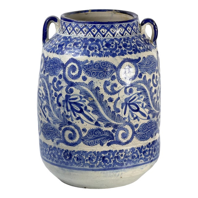 19th Century Moroccan Hand Painted Blue and White Ceramic Vase, 1890s For Sale