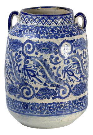19th Century Moroccan Hand Painted Blue and White Ceramic Vase, 1890s