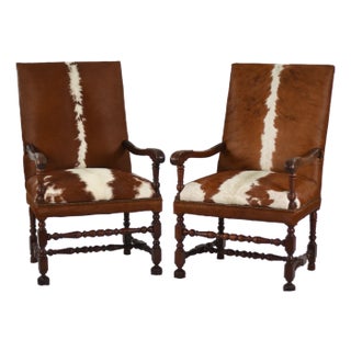 1920s Statement Pair of Grand Antique Armchairs | New Cowhide Upholstery For Sale