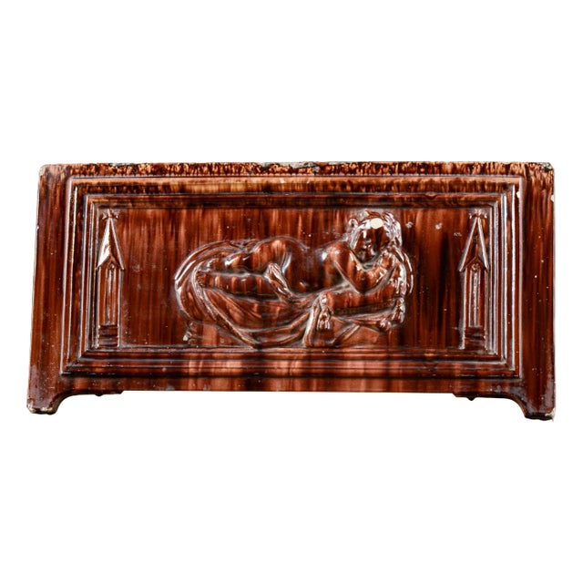 Glazed Ceramic Plaque with Reclining Putto and Floral Decorations, 1920s For Sale