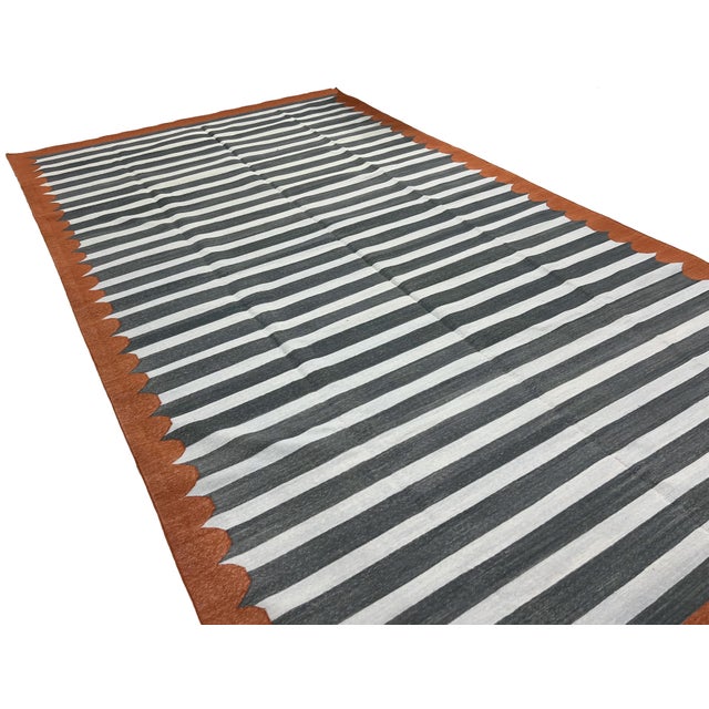 Handmade Cotton Area Rug, Vegetable Dyed, Sky Blue, Gray and Terracotta Striped Dhurrie -8'x12' For Sale - Image 11 of 13