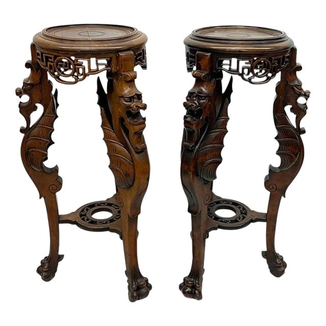 Asian Carved Plant Tables with Dragons, 1920, Set of 2 For Sale