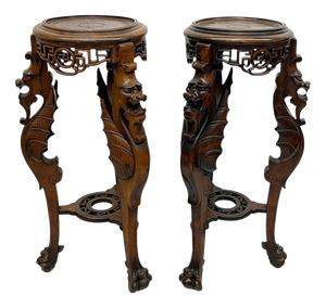 Asian Carved Plant Tables with Dragons, 1920, Set of 2