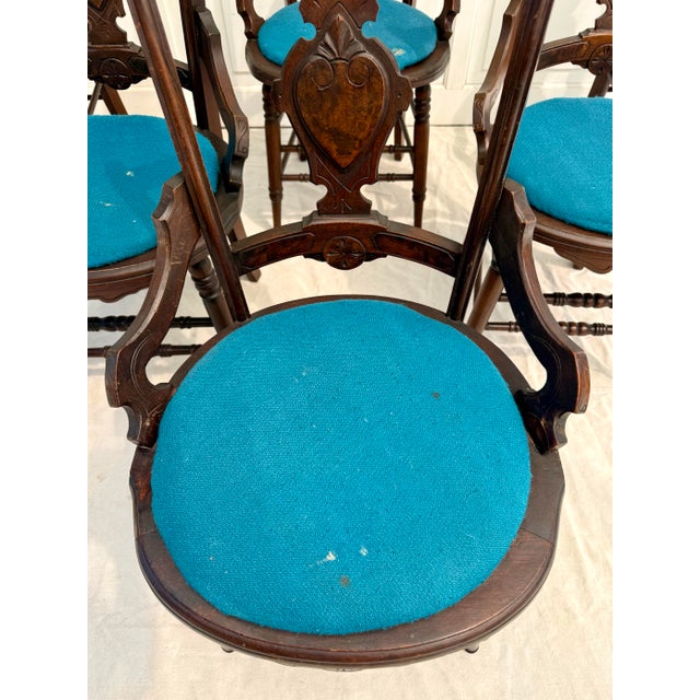 Set of 6 Antique Victorian Eastlake Walnut Dining Chairs With Burled Shield Backs For Sale - Image 11 of 15