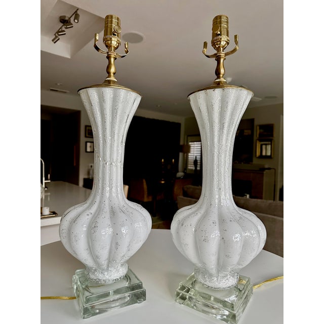 Pair Murano White and Silver Inclusions Glass Table Lamps For Sale - Image 16 of 16