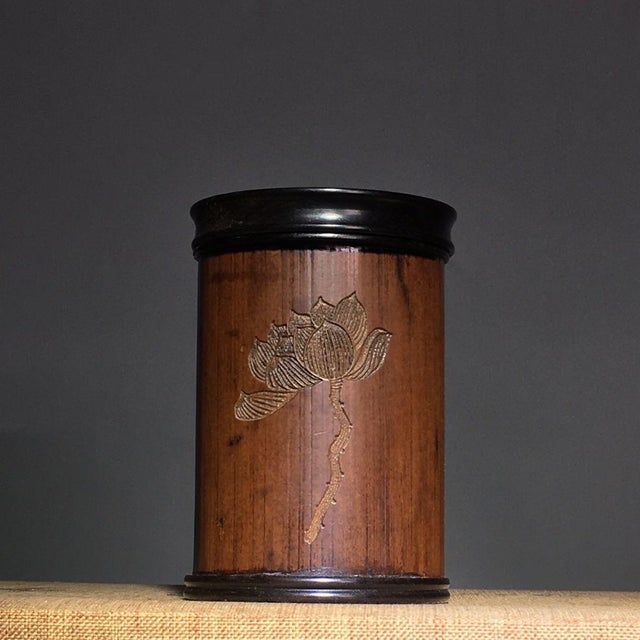 Vintage Chinese Carved Bamboo Tea Canister With Lotus Motif - Scholar's Object For Sale - Image 4 of 6