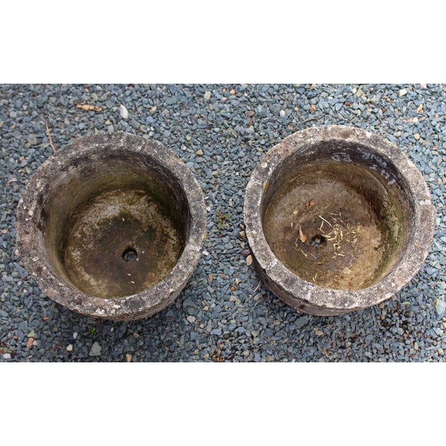 English Circa 1950 Pair of English Cast Stone Barrel Form Planters For Sale - Image 3 of 5