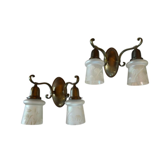 Glass Rare Pair of Double Brass Wall Sconces With Botanical Frosted Etched Shades For Sale - Image 7 of 7