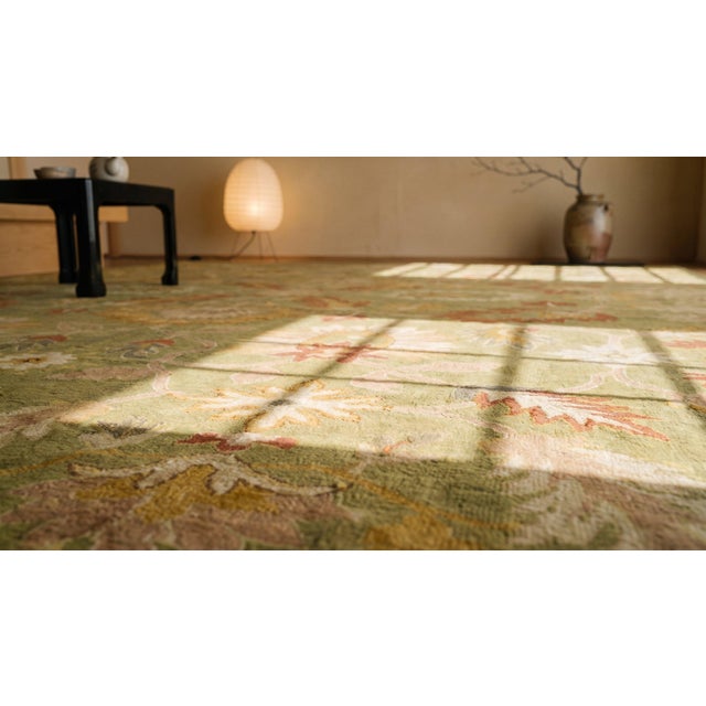 1890s Green Floral Antique Turkish Anatolian Oushak Rug 12'4" X 16'2" Handknotted Wool Carpet For Sale - Image 9 of 10