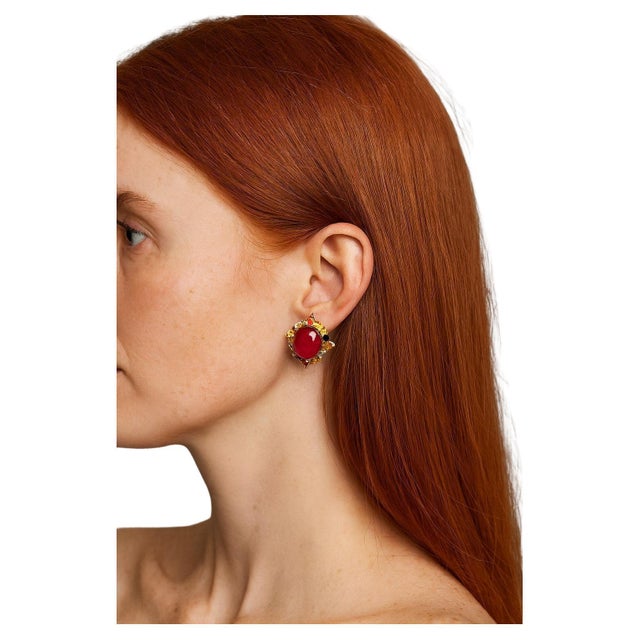 Baroque Bochic “Capri” Vintage Ruby & Multi Pastel Sapphire Earrings Set In 18K Gold & Silver For Sale - Image 3 of 9