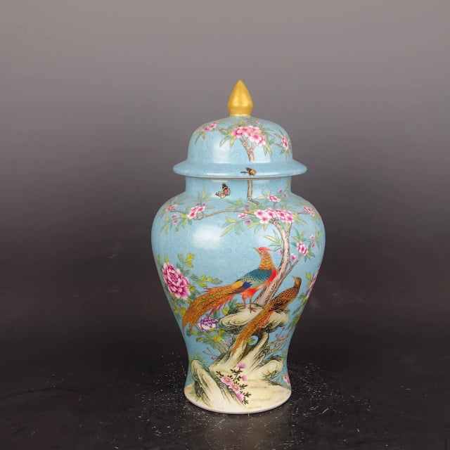 Early 20th Century Chinese Vintage Ceramic Pot,Qing Dynasty Qianlong Marked Blue Ground Color Enamel Porcelain Ginger Jar Hand Painted Flower and Bird Pattern For Sale - Image 5 of 6