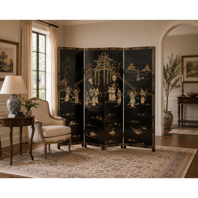 Vintage Mid-Century Chinese Four-Panel Lacquered Coromandel Screen For Sale - Image 11 of 11