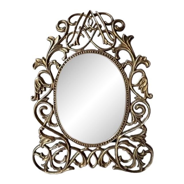 Ornate Vintage Victorian-Style Brass Oval Picture Frame With an Intricate Scrollwork Design and a Standing Easel Base. For Sale