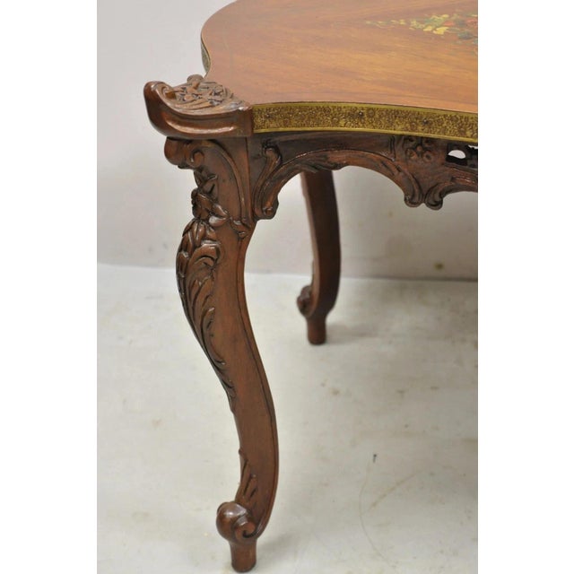 Vintage French Louis XV Style Walnut Coffee Table With Hand Painted Floral Top For Sale In Philadelphia - Image 6 of 12