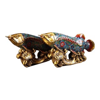 Late 19th Century Pair of Cloisonné Enamel Gilt Bronze Fish Figures, 5800g Total, Qianlong Mark For Sale