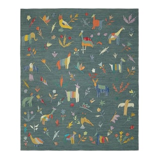 Rug & Kilim’s Suzani Style Kilim in Teal With Animal Pictorials and Florals For Sale