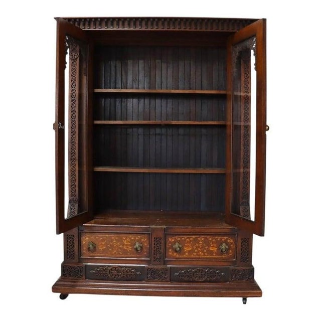 Wood Prometheus Classical Carved Walnut & Figural Inlaid Bookcase C1890 For Sale - Image 7 of 18