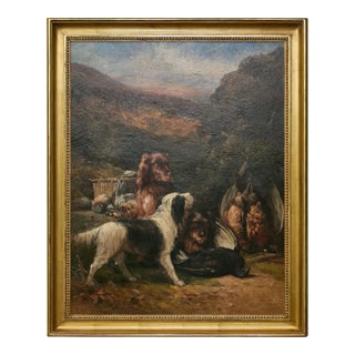 Mid 20th Century English Oil on Canvas Hunt Painting of Three Dogs and Their Catch in Frame For Sale