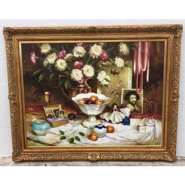 Very large p. Mozah 2oth century oil painting. Still life, spring flowers. Original piece signed as shown. Ornate gold...