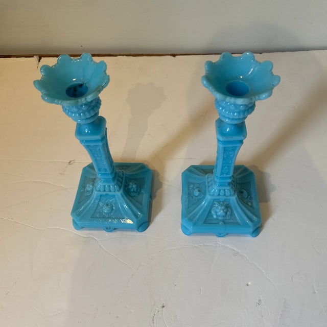 Pair of Late 19th Century Robin’s Egg Blue French Milk Glass Candlesticks For Sale - Image 4 of 4
