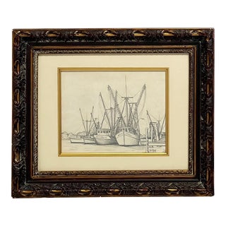 Vintage Pencil Drawing of Boats in Harbor For Sale