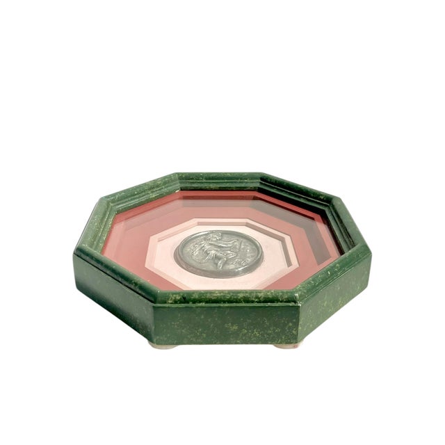 Set of 4 Vintage French Neoclassical Style Green and Pink Octagonal Framed Silver Cherub Medallions For Sale - Image 9 of 15