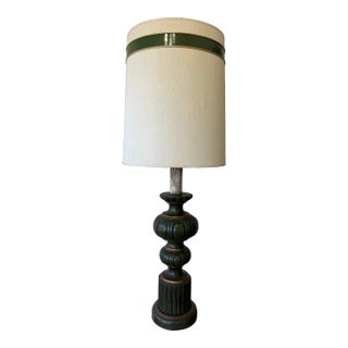 Vintage Oversized Green and Gold Carved Table Lamp With Drum Shade For Sale