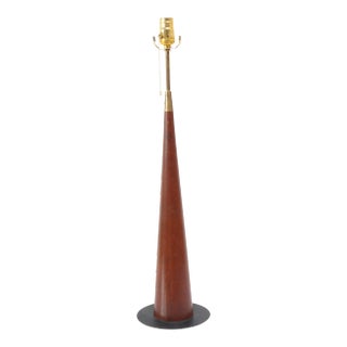 Tall Danish Modern Conical Table Lamp in Teak and Brass For Sale