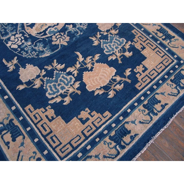 1800s Blue Navy Medallion Foo Dog Antique Chinese Ningxia Rug 4'10" X 6'9" Handknotted Wool Carpet For Sale - Image 4 of 5