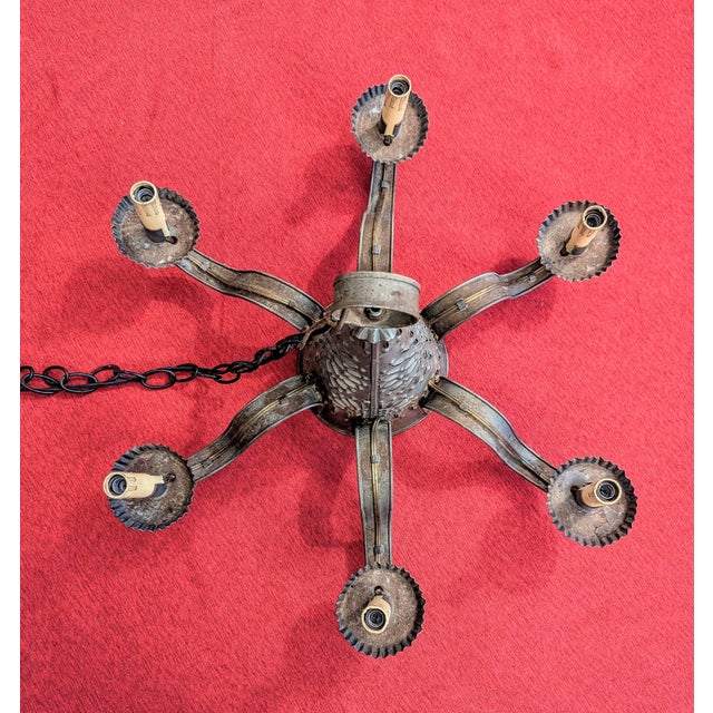 Dove Gray Vintage Hand-Punched Tin Witch's Hat 6-Arm Chandelier – By Irvin's Country Tinware For Sale - Image 8 of 18