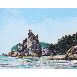 Rialto Beach II, WA by Carrie Goller | Oil and Cold Wax on Wood Panel Coastal landscape with rock formations. For Sale