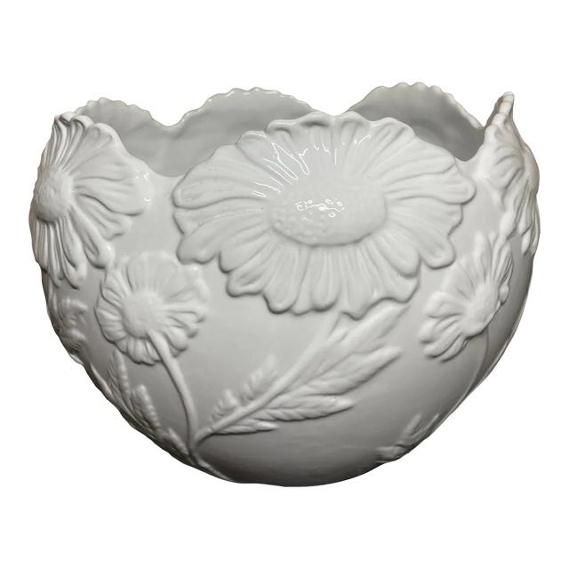 Late 20th Century White Ceramic Petal Edge Raised Floral Large Bowl Cachepot Made in Portugal For Sale